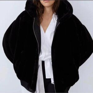 ZARA  BLACK FAUX FUR BOMBER JACKET WITH HOOD